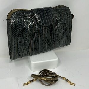 J Renee Gray Green Python Zip Top Vintage Clutch Shoulder Bag